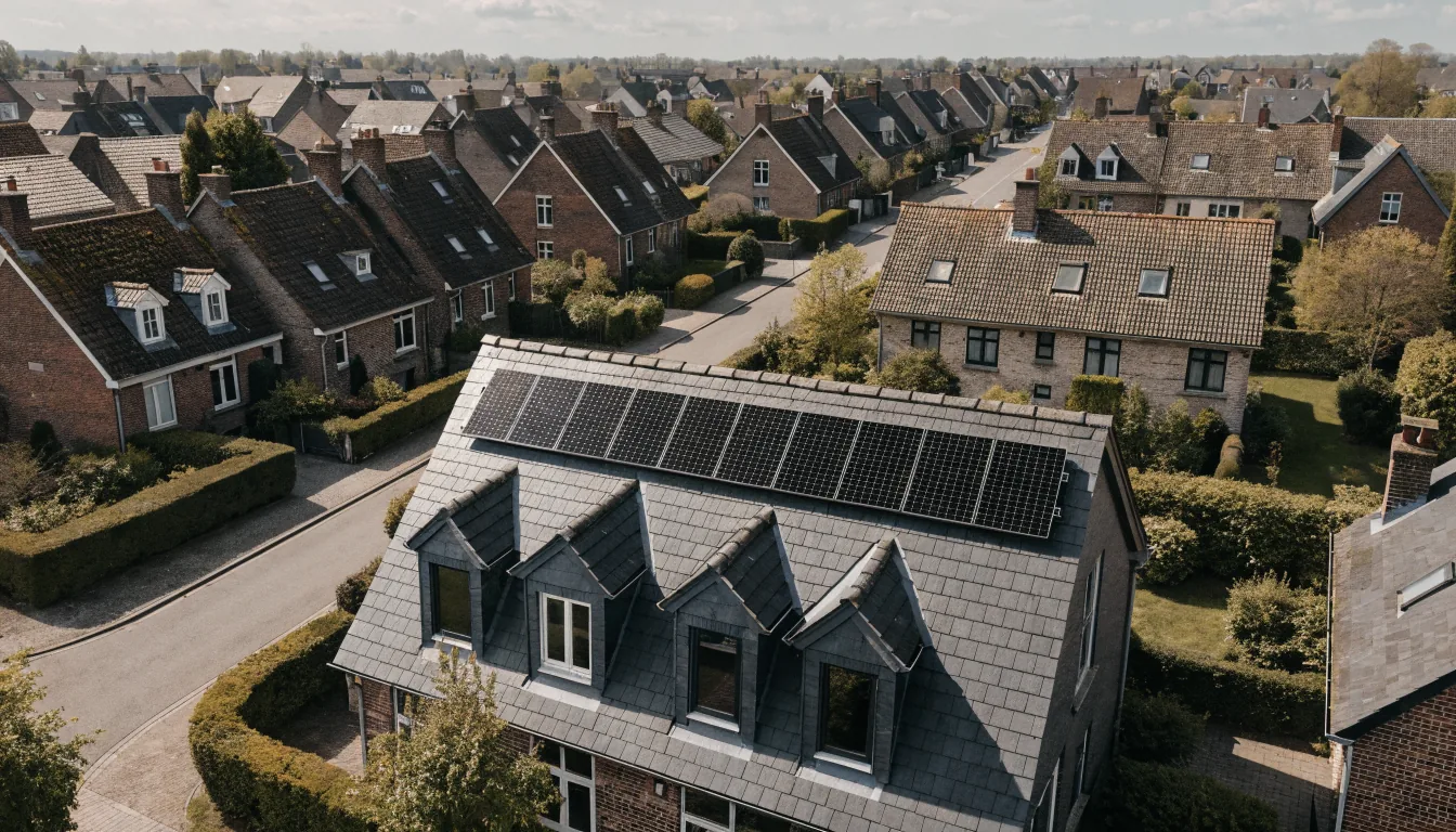 Vue aérienne d'un quartier résidentiel wallon avec installation photovoltaïque
