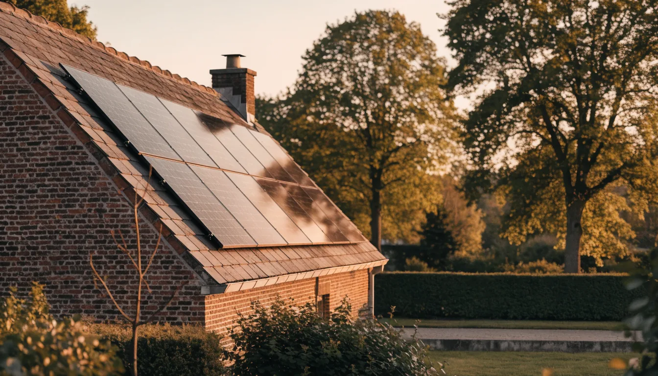 Maison wallonne en brique avec installation photovoltaïque en lumière dorée